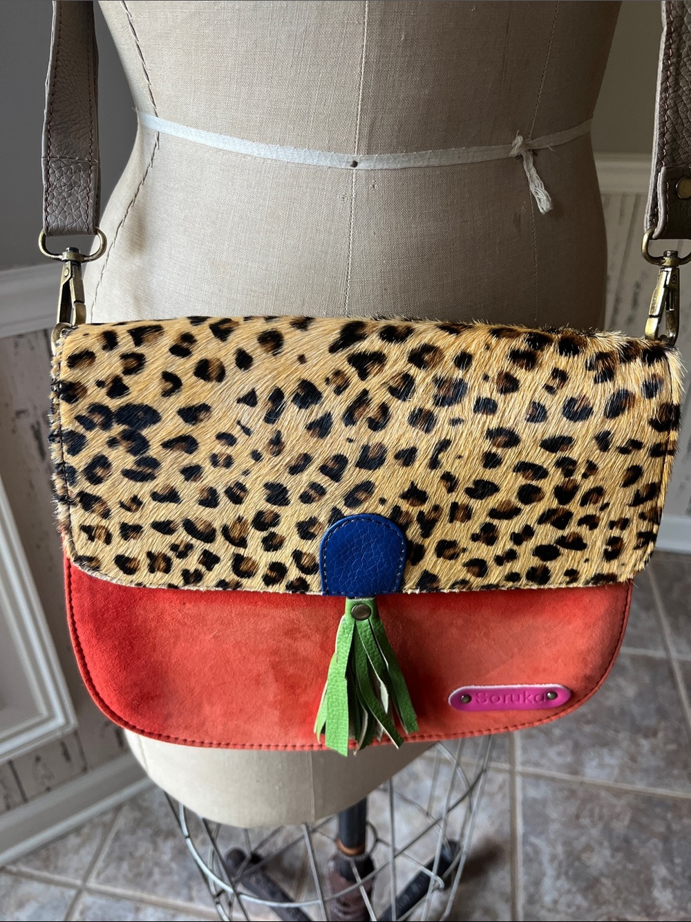 Soruka Leopard Print and Orange Suede Crossbody with Green Tassel new!